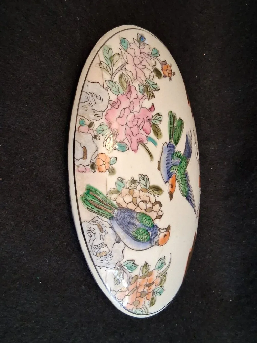 VTG Made in China Chinoiserie Ceramic Oval Trinket Box Bird & Floral Gold Accent - Picture 6 of 13